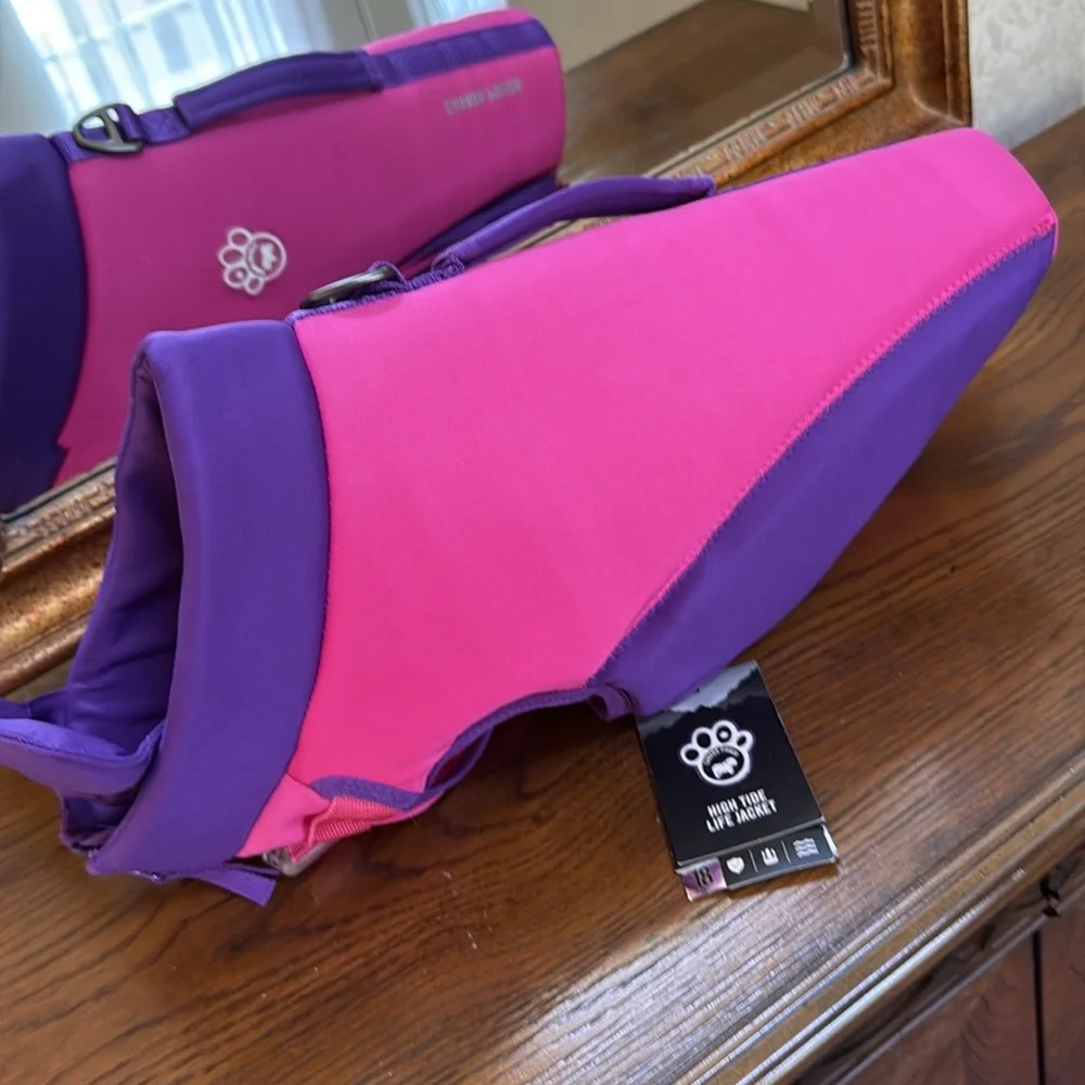 New High Tide life jacket by Canada Pooch for swimming. Pink and Purple. Size 18